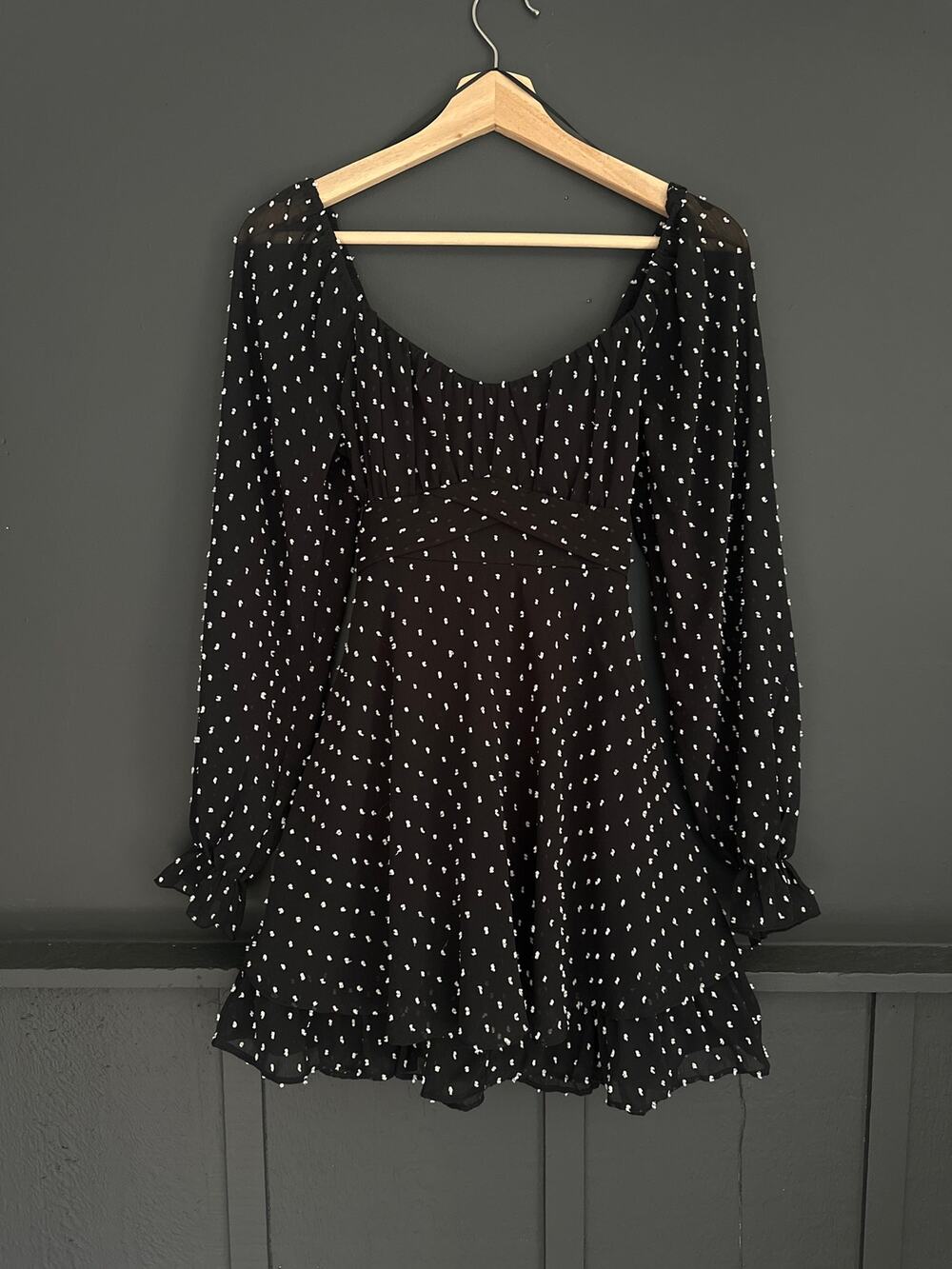 Thirty/Thirty LA Fit & Flare Long Sleeve Polka Dot Black Mini Dress Size Medium